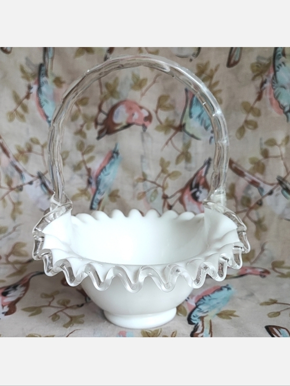 FENTON Silvercrest Silver Crest Ruffled Edge Glass Easter Bridal Basket *FLAW*